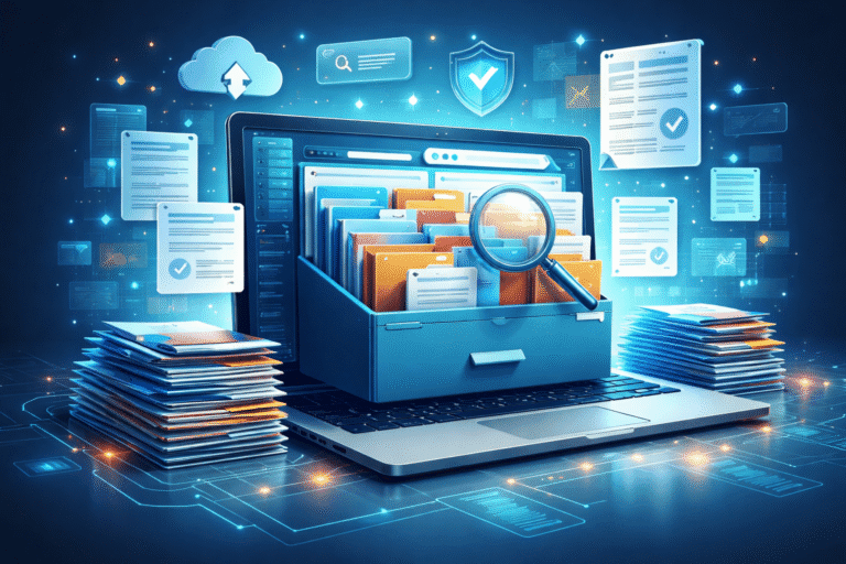 Ilustración digital generada por IA, documentos físicos y digitales organizados